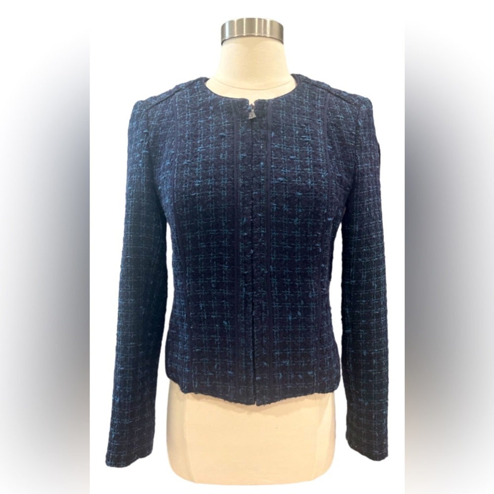 TORY BURCH Tweed Jacket Zip Evening Zip Blue & Black Sz 4